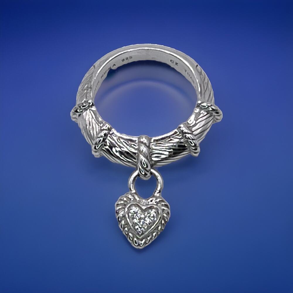 J Ripka Sterling Silver 925 Judith Ripka Dangle Pave CZ Heart Ring Size 6.5